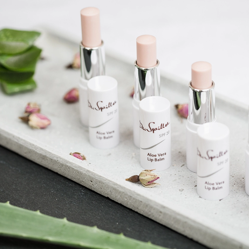 Aloe Vera Lip Balm auf einer Präsentierschale