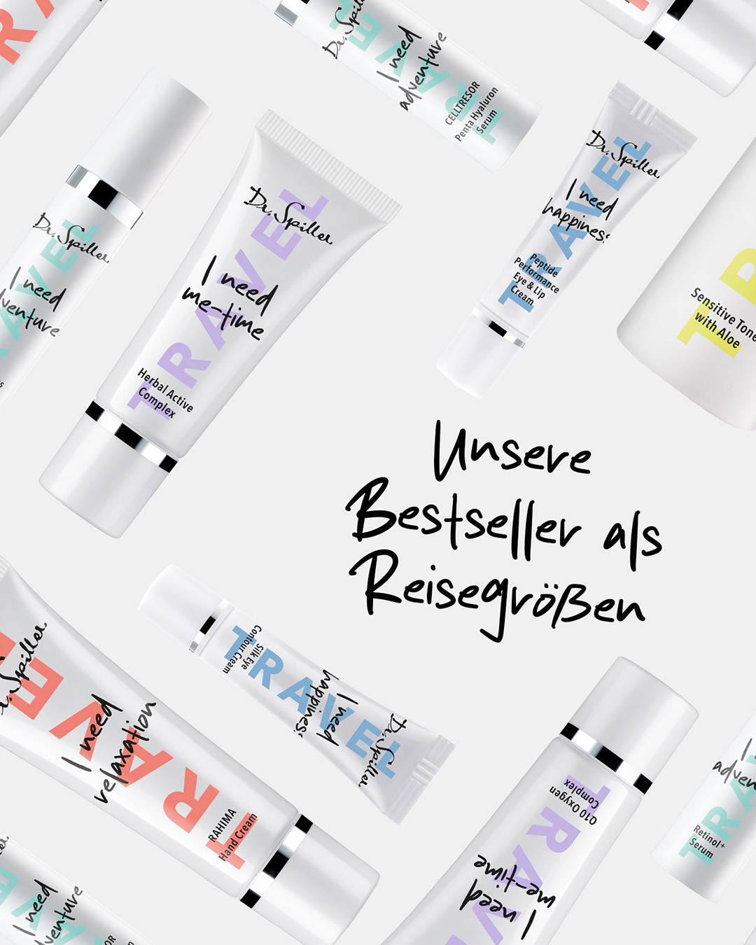 verschiedene Reisegrößen in Flaschen, Tuben und Pumpspender