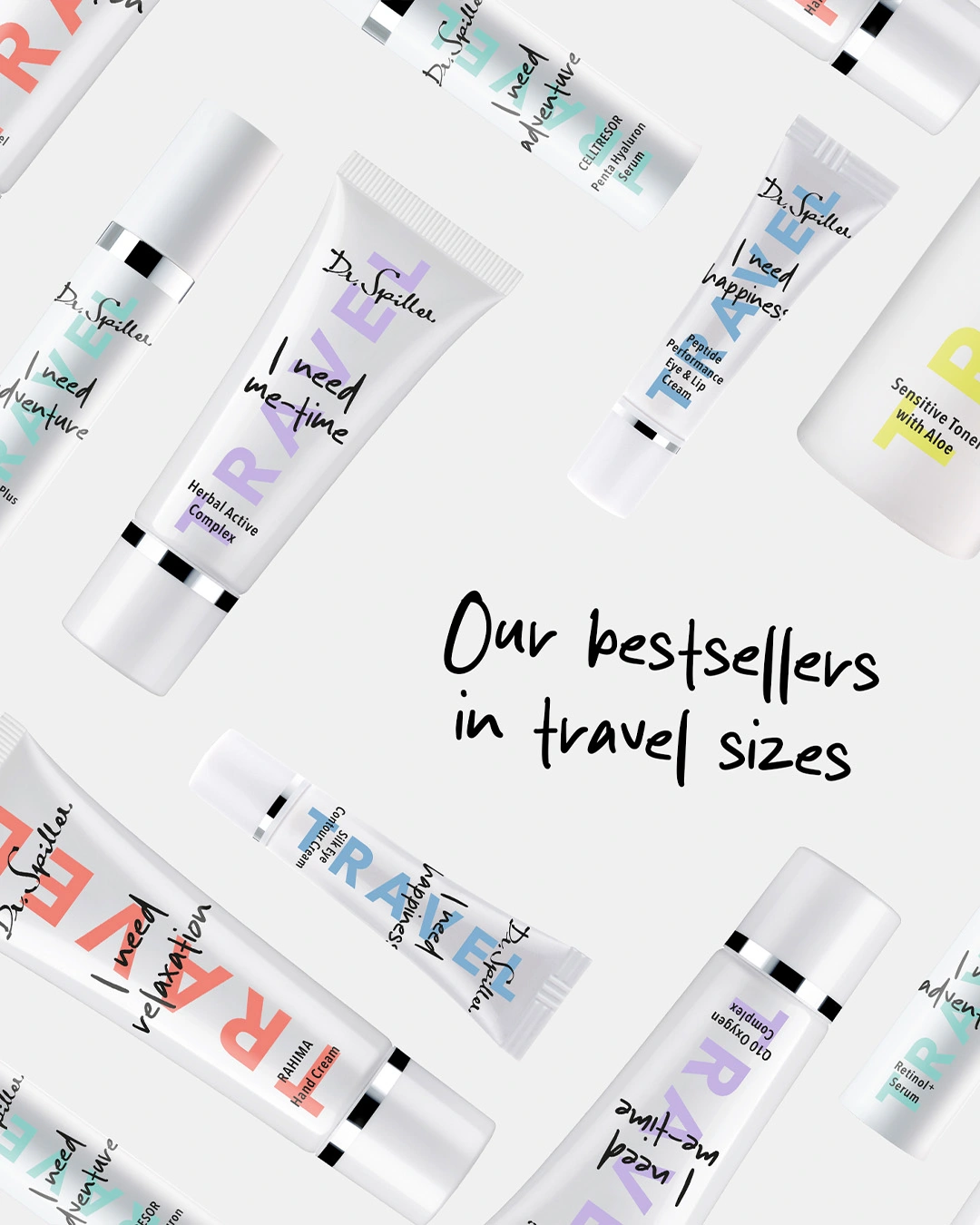 Various travel sizes in bottles, tubes and pump dispensers