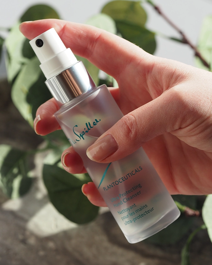 Plantoceuticals hand cleansing spray is applied