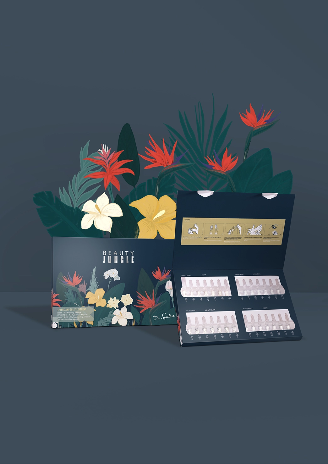 Dr. Spiller 4-WEEK AMPOULE SET Geschenkset auf blauem Hintergrund